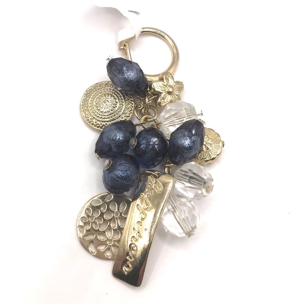 Gold and Blue Beaded Charm Keychain